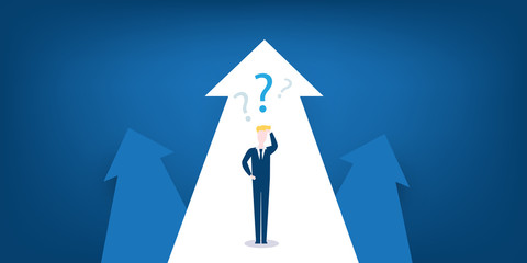 Choice, Way, Direction Design Concept - Decisions, Businessman Thinking, Choosing, Deciding the Next Step - Standing Male Scratching His Head, in Front of a Big Arrow, Vector Illustration