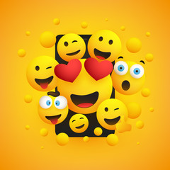 Various Smiling Happy Yellow Emoticons Design, Group of Funny People in Front of a Smartphone Screen, Vector Concept Illustration