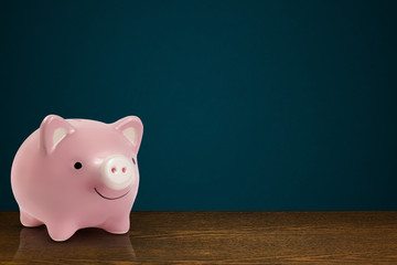 happy piggy bank on copy space background