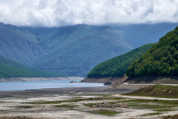 View of Zhinvali reservoir. Ananuri lake with blue water in Georgia.