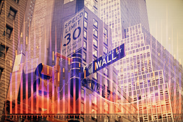 Forex chart on cityscape with tall buildings background multi exposure. Financial research concept.