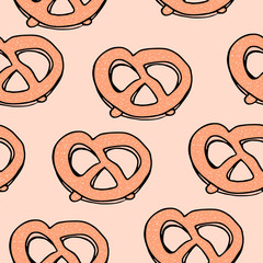 Pretzel seamless pattern isolated on colored background. Traditional German bread