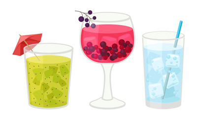 Fresh Cocktails with Ice Cubes and Berries in Glass Vector Set. Refreshing Fruit Water
