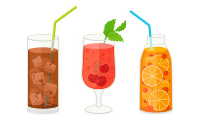Fresh Cocktails with Ice Cubes and Berries in Glass and Jar Vector Set