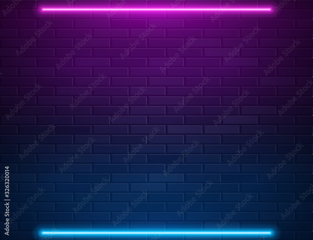 Wall mural retro abstract blue and purple neon lights on black brick wall