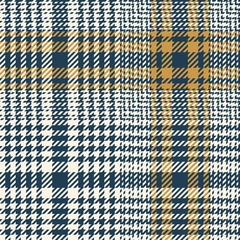 Fototapeta na wymiar Glen check plaid pattern. Seamless hounds tooth vector plaid background texture in blue, yellow gold, and off white for jacket, skirt, blanket, or other autumn winter tweed textile design.