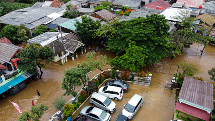 Aerial POV view Depiction of flooding. devastation wrought after massive natural disasters at...