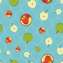 Seamless vector pattern with apple fruit on blue wavy background