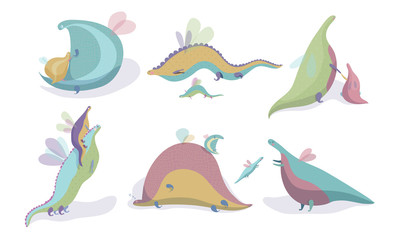 Fairy Dragons with Small Wings Playing with Their Cubs Vector Set
