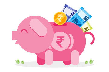 Saving Indian Rupee coin and money to piggy bank vector illustration flat design. Economy and financial concept element.  Can be used for web and mobile, infographic and print.