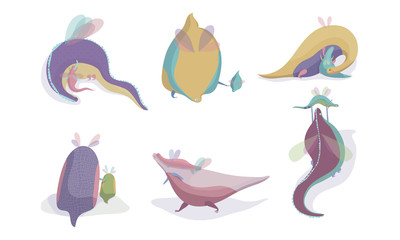 Fototapeta premium Fairy Dragons with Small Wings Playing with Their Cubs Vector Set