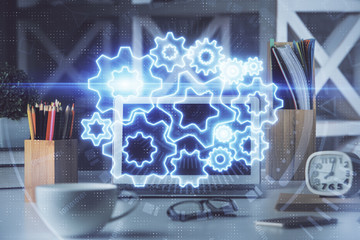 Multi exposure of business theme icons and work space with computer background. Concept of success.