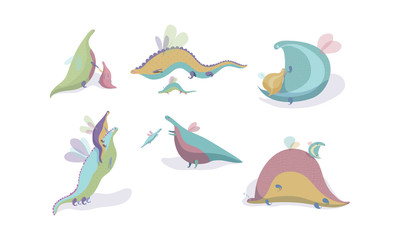 Cute Winged Dragons Playing with Their Cubs Vector Set