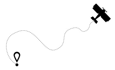 Airplane line vector icon of air plane path flight route with start point and dash line trace