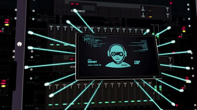 Cyber game and esport icon in datacenter. The concept of video sport and play awards symbols 3D rendering animation. Technology expansion on server racks.