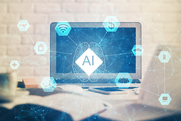 Multi exposure of desktop computer and technology theme hologram. Concept of software development.