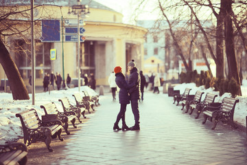 couple embracing on a walk Moscow