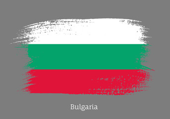 Bulgaria official flag in shape of paintbrush stroke. Bulgarian national identity symbol. Grunge brush blot object isolated on gray background vector illustration. Bulgaria country patriotic stamp.