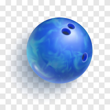 Realistic blue bowling ball with holes isolated on transparent background. Bowling competition and design element for tournament announcement. Sports equipment for indoor activity vector illustration.