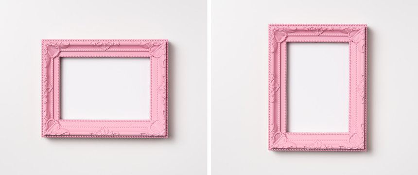 top view of pink wood photo frame on white