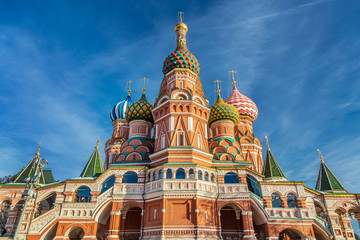 Fototapeta na wymiar The most famous architectural place for visiting and attraction in Moscow, Russia, Saint Basil. Moscow, Russia, Europe. It is famous landmark of Moscow. Saint Basil`s church in Moscow center close-up