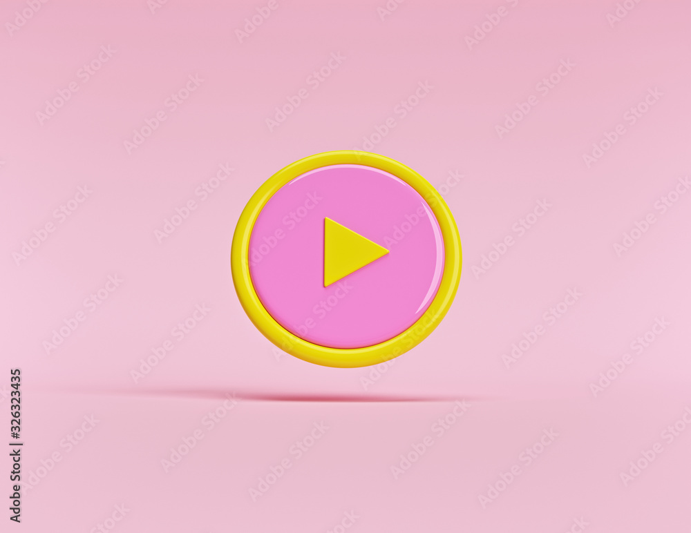 Poster cute round play button isolated on pastel background. concept of video, audio playback. 3d rendering