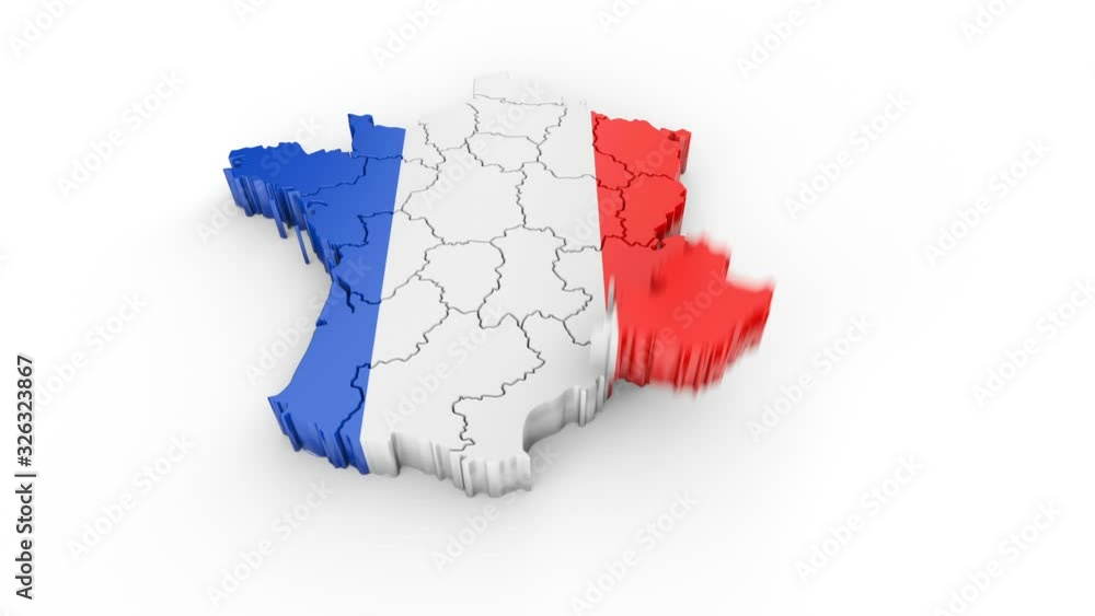 Poster france map with flag. formed by individual states, falling from top to bottom on white. animation wi