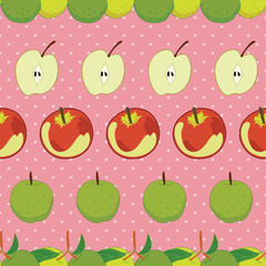 Seamless apple pattern on pink polka dots background