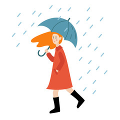 A girl with an umbrella walks in the rain. Vector illustration.