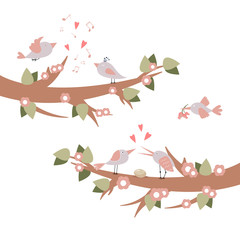 Cute birds on branches sing, fly, with flowers, egg, hearts, notes. Greeting card for Valentine's Day, family, women's day, wedding. romantic spring card