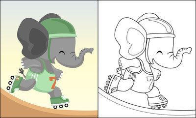 Funny elephant cartoon playing roller skate, coloring book or page