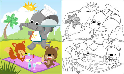 Cartoon of funny animals picnic in the park, coloring book or page