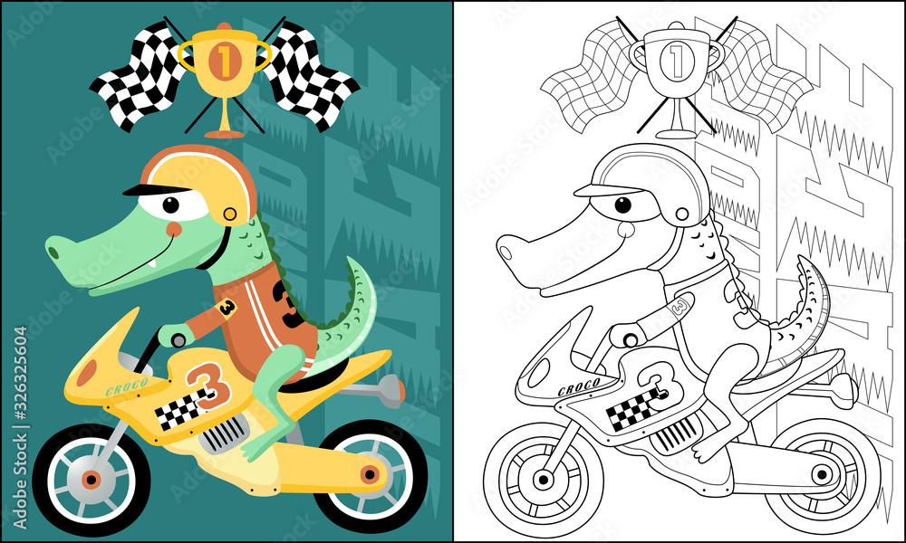 Sticker Funny crocodile cartoon riding motorbike, coloring book or page