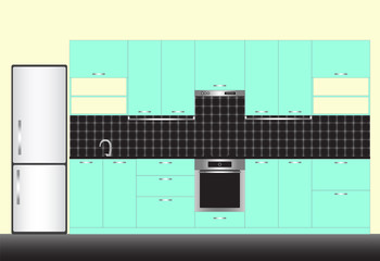 Vector illustration of modern kitchen interior in linear flat style. Kitchen furniture. Mint and black color style