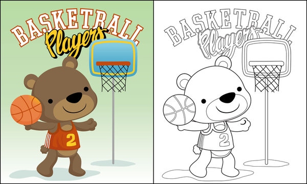 Funny basketball player cartoon, little bear, coloring book or page