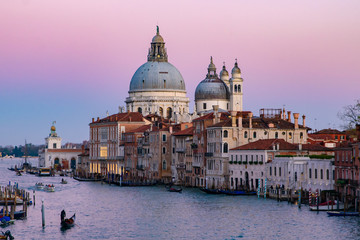 Naklejka premium Grand Canal with Santa Maria della Salute at background at sunset time, Venice, Italy