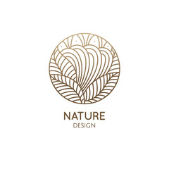 Nature logo of mountain, fields. Round linear icon of landscape. Vector emblem, badge for a travel, alternative medicine and ecology concept