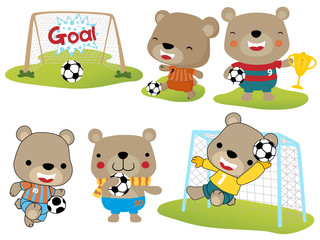 Fototapeta premium Set of cute bear cartoon playing soccer