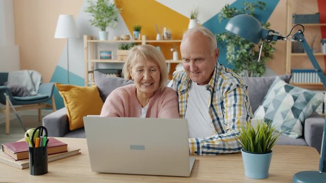 Happy elderly people are using laptop to make video call talking gesturing showing thumbs-up hand gesture indoors. People and modern devices concept.