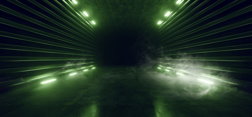 Fototapeta premium Sci FI Futuristic Smoke Glowing Green Neon Led Laser Tunnel Dark Night Corridor Hallway Concrete Metal Spaceship Stage Podium Showroom Electric Cyber Virtual 3D Rendering