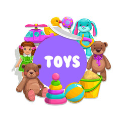 Boy and girl kids toys, vector poster. Children toys plush bear, doll and helicopter, bath duck, bunny rabbit and baby rattle, ball and pyramid, plastic sword and sand bucket