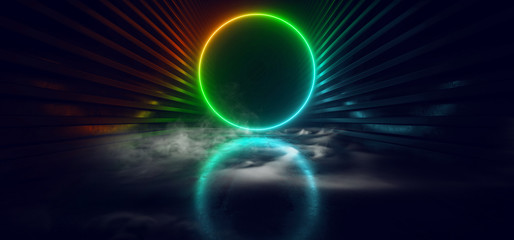 Smoke Rectangle Circle Gradient Neon Laser Red Green Blue Glowing Electric Fluorescent Dark Tunnel Sci Fi Futuristic Hallway Corridor Garage Concrete GRunge 3D Rendering