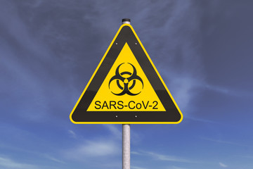 3d Illustation - Warnschild - Biogefährdung - SARS-CoV-2 - dunkler Himmel - Wolken
