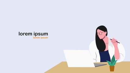 a bespectacled young woman holding a pen in front of a laptop.flat design,vector illustration