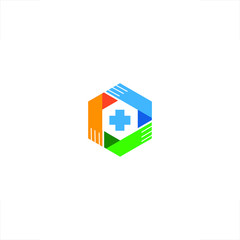 Health logo hexagon medical hands design