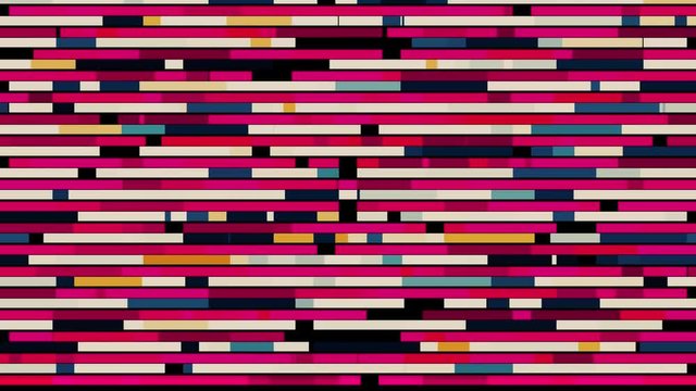 Abstract horizontal parallel rows of short lines moving into the different directions on black background, seamless loop. Animation. Pink segments appear and flow fast.