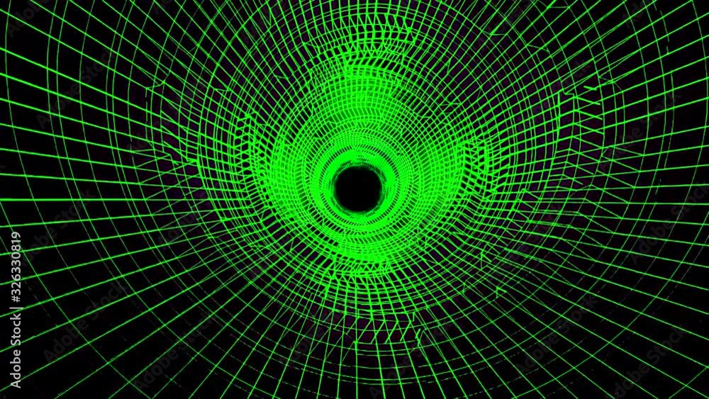 Aufkleber flying through digital plexus tunnel of green color on black background, seamless loop. animation. 3