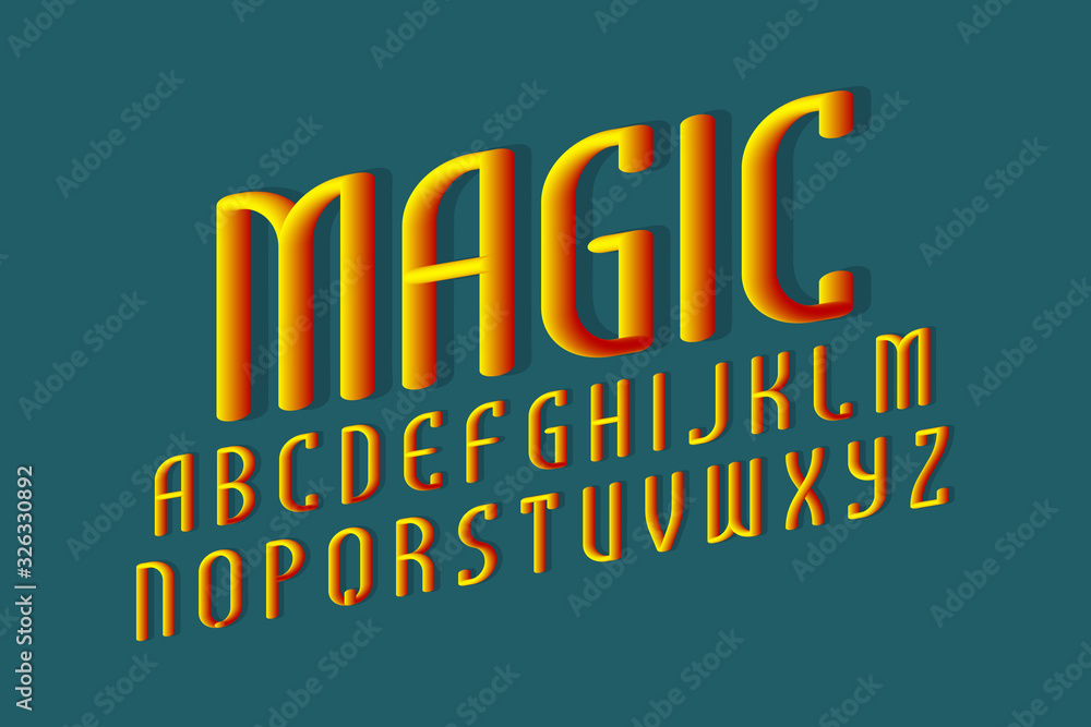 Fototapete magic alphabet of yellow red gradient 3d letters. 3d display font. isolated english alphabet.
