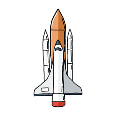 Hand drawn space shuttle isolated on white background. Rocket ship doodle. Vector illustration.