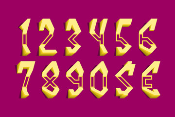 Volumetric yellow numbers and currency signs. 3d display font in freaky style.